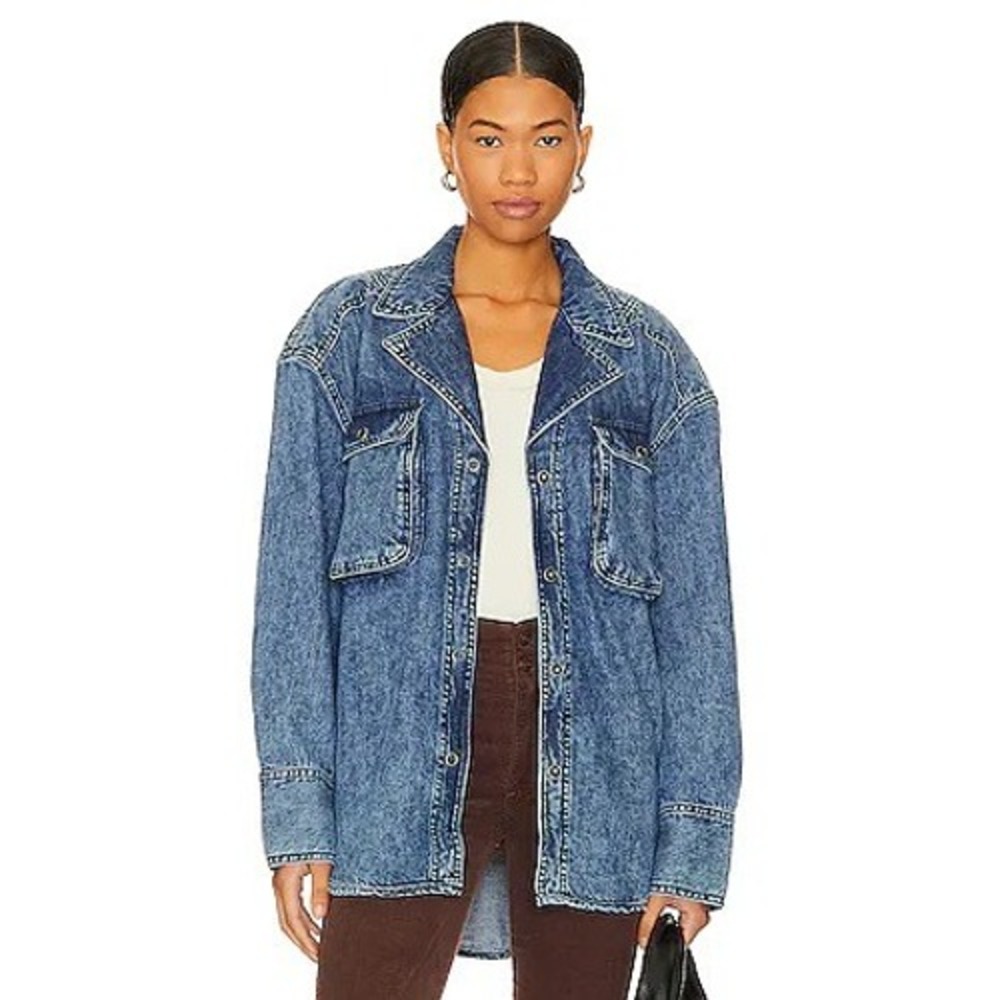 Free People We The Free Izzie Cargo Denim Shirt Jacket Indigo XL NWT